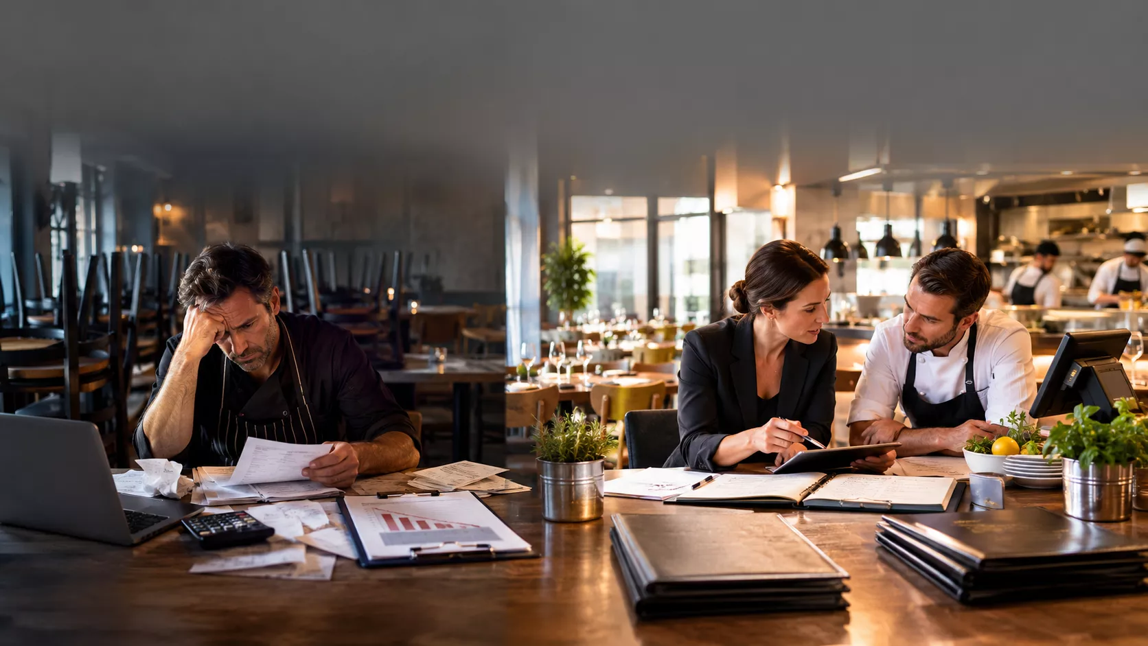 Restaurant owner reviewing financial reports with a restaurant consultant discussing strategies to prevent restaurant failure and improve profitability.