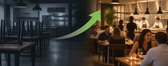 An image of an empty set of tables on the left, with a green updward arrow leading to a bright, restaurant with full tables