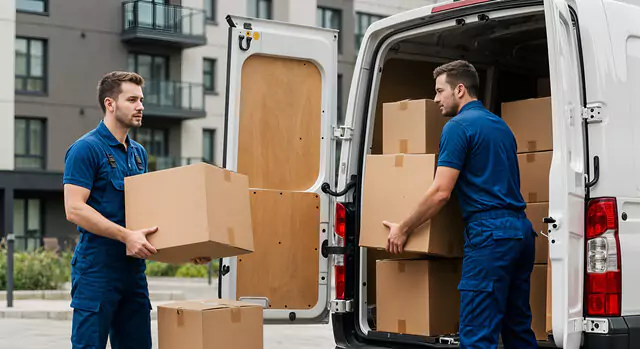 Two men loading boxes into a moving van 