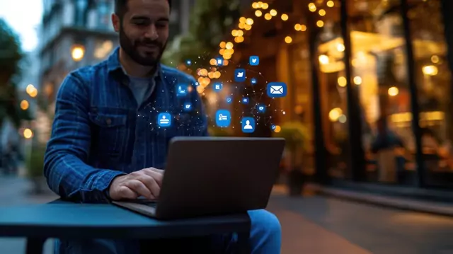 Image of man working on laptop with social media