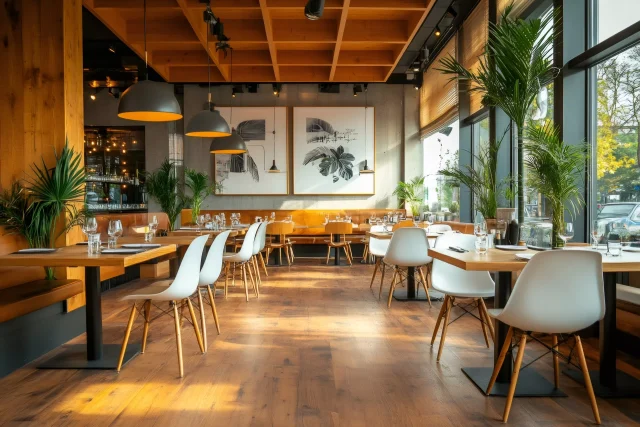 A large epty restaurant with modern decor