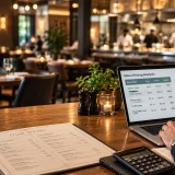 Restaurant menu pricing header image of a wide view of a restaurant from a table with display showing costing