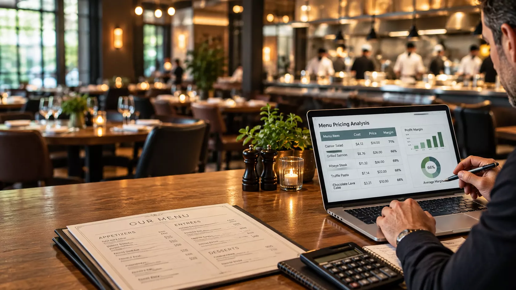 Restaurant menu pricing header image of a wide view of a restaurant from a table with display showing costing