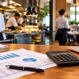 Restaurant manager reviewing labor cost reports with calculator and laptop while chefs and servers work in a busy restaurant kitchen and dining room