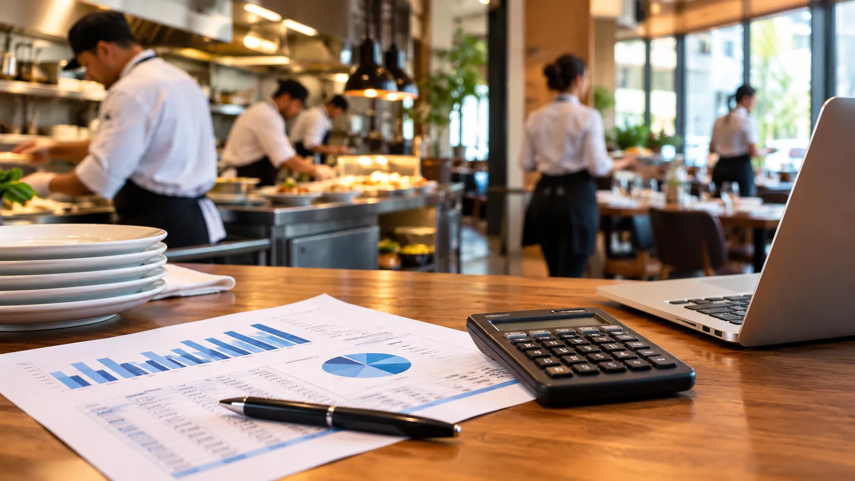 Restaurant manager reviewing labor cost reports with calculator and laptop while chefs and servers work in a busy restaurant kitchen and dining room