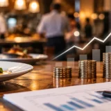 Plated seared fish in a restaurant with stacks of coins, a white rising arrow and a financial report with calculator on the table