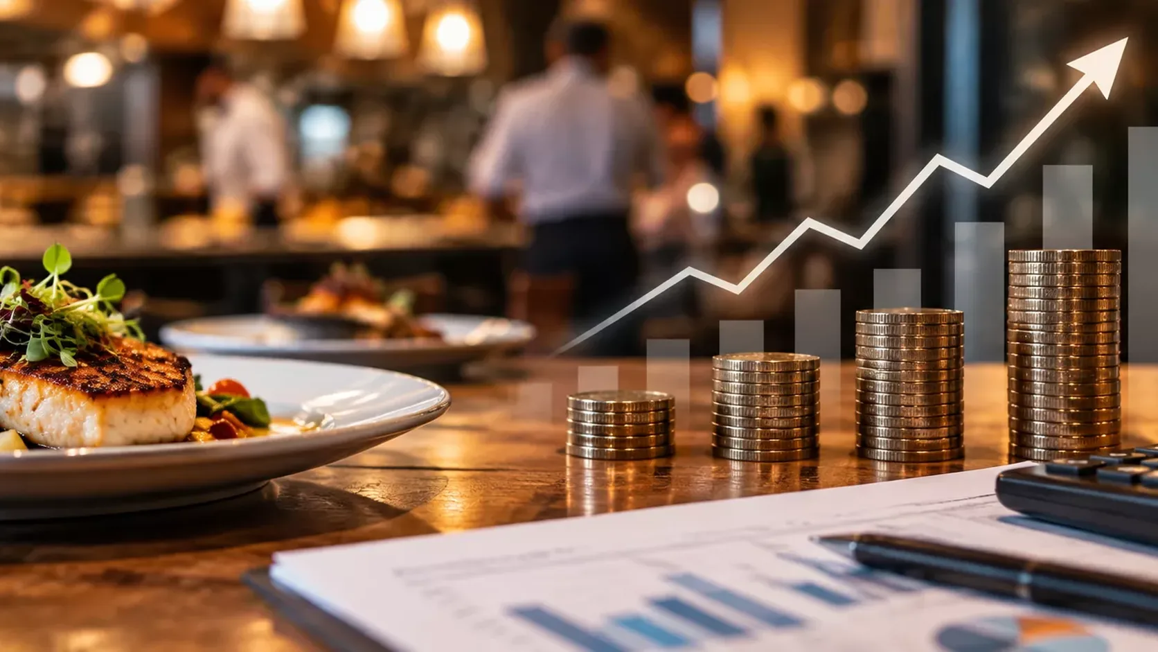Plated seared fish in a restaurant with stacks of coins, a white rising arrow and a financial report with calculator on the table
